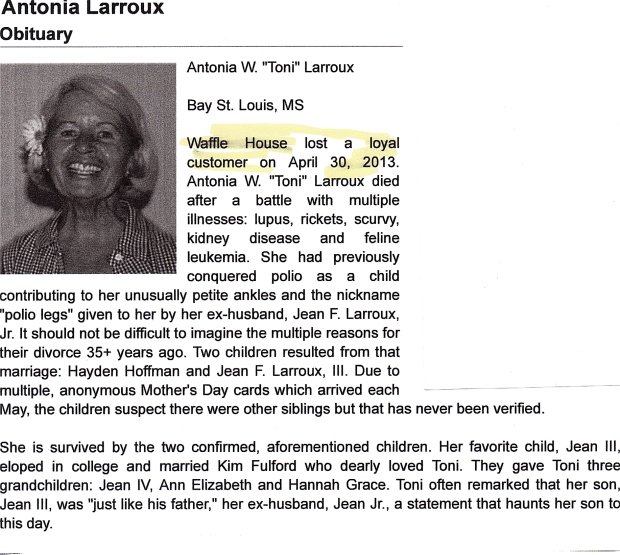 Toni Larroux, R.I.P.  Your kids were lucky to have such a great mother!