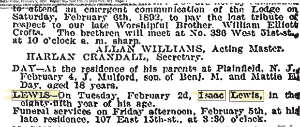 Obituary of Isaac Lewis, printed in the New York Tribune on Friday, February 5, 1892.